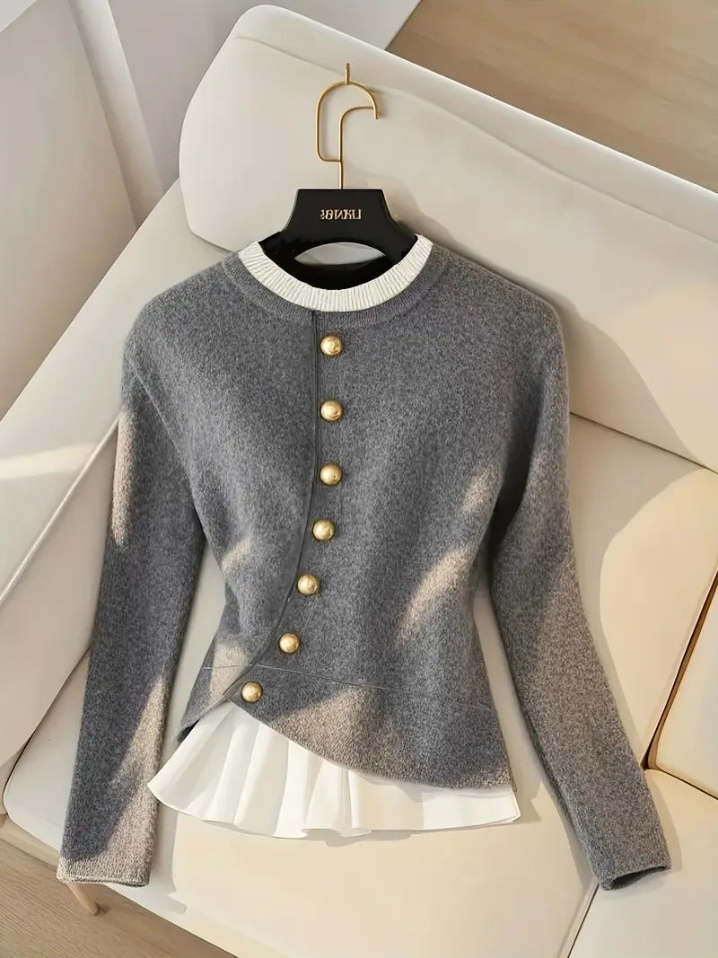 Women’s Elegant Beige Sweater – Soft Round Neck Pullover with Button Detailing