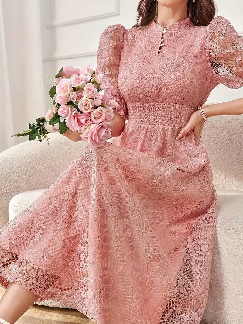 Stand-Collar Bubble-Sleeve Long Dress