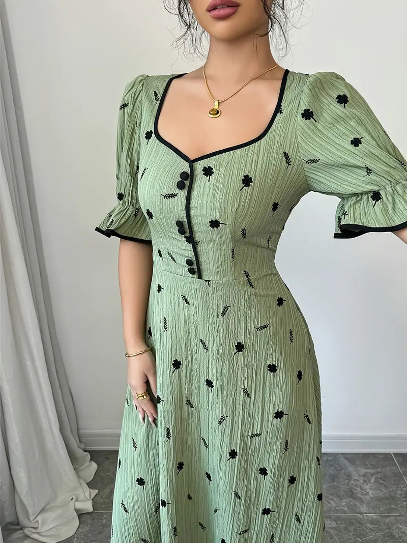 Elegant Floral Print Maxi Dress — Square Neck, Button Details & A-Line Silhouette