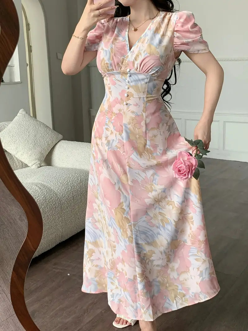 Elegant Floral Maxi Dress — A-Line Silhouette, Machine-Washable, Vacation-Ready