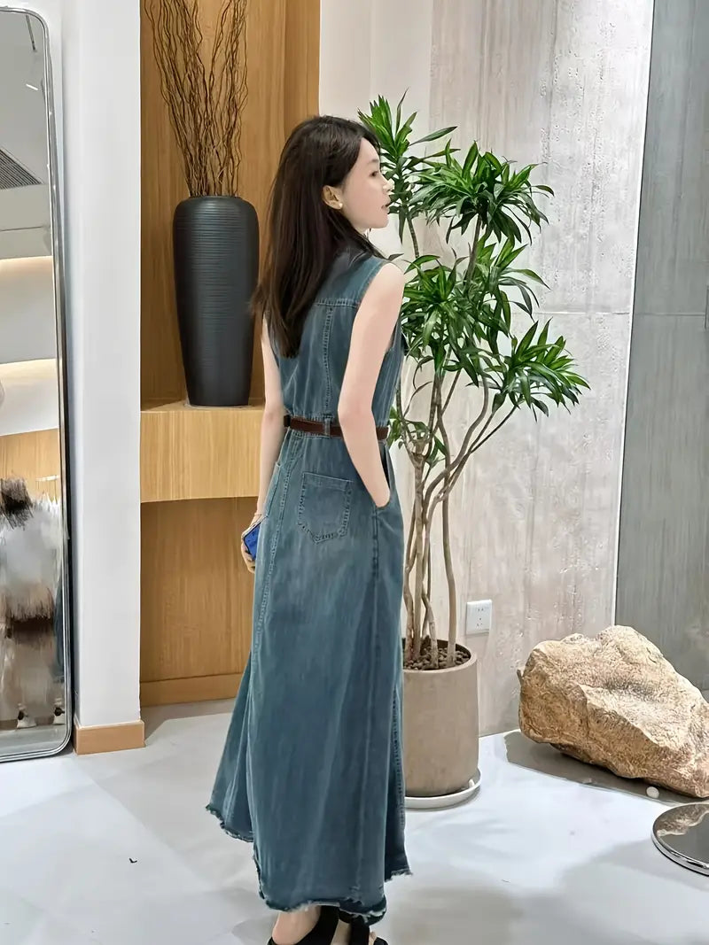 Sleeveless Long Denim Belted Maxi Dress with Chest Pockets & Button-Front Closure – Vintage Casual Elegance