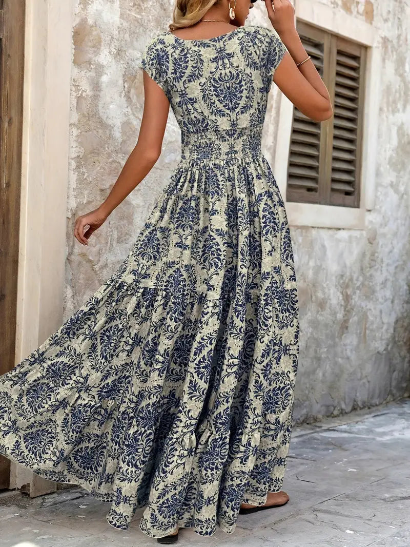 Elegant V-Neck Floral Maxi Dress – Green Summer A-Line Silhouette with Cinched Waist