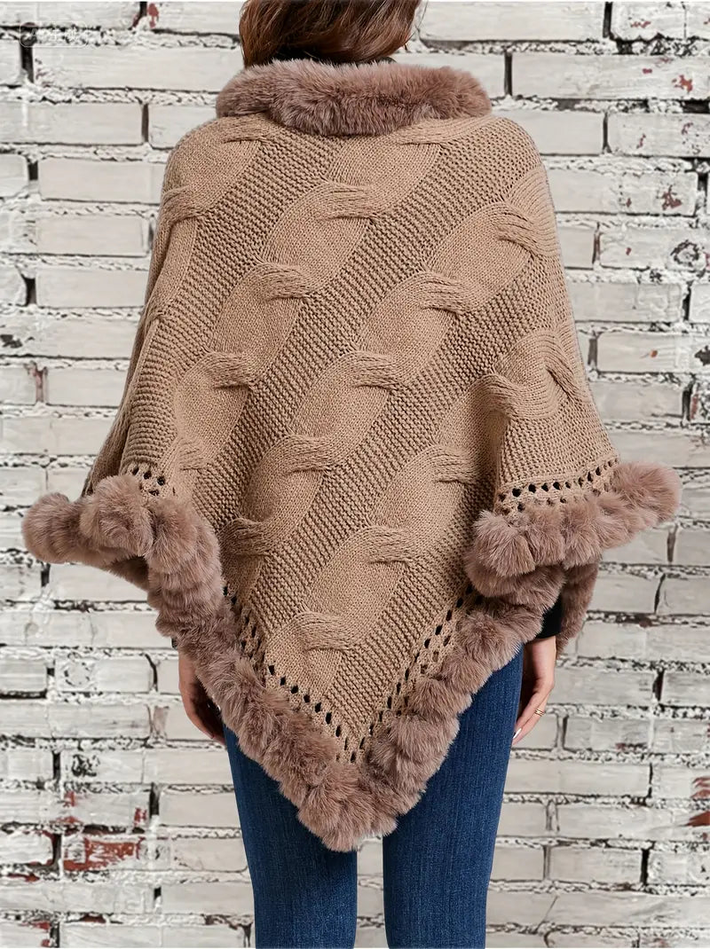 Women’s Elegant Crochet Pullover Sweater – 3-Layer Fur-Lined Knit, Solid Color, Warm Winter Design with Eyelet Details