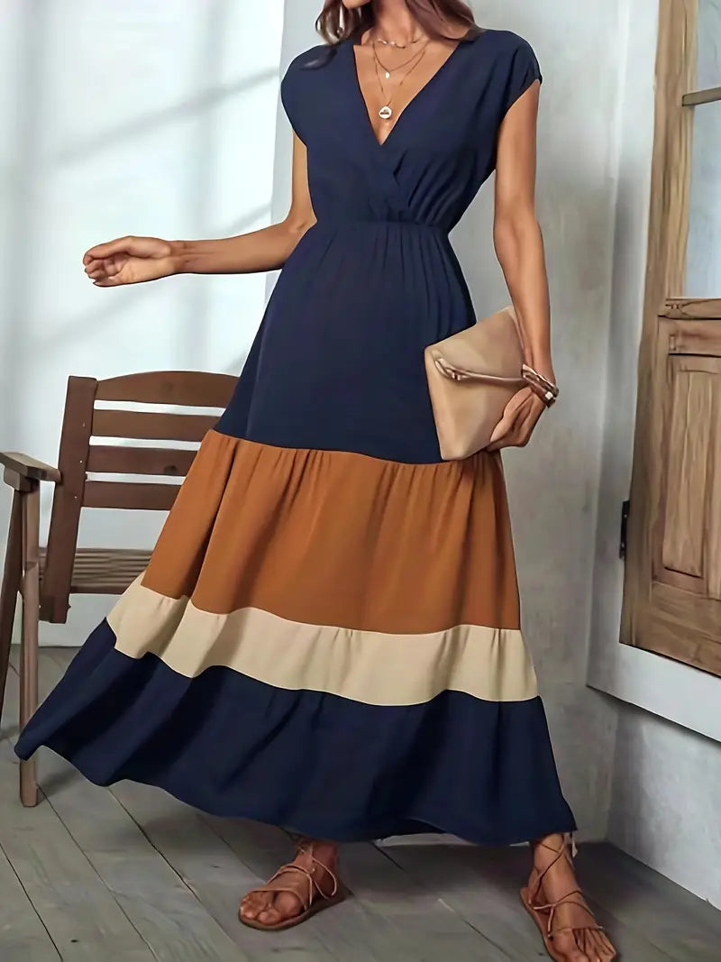 Color-Block Surplice Neck Sleeveless Maxi Dress — Elegant Sleeveless A-Line Silhouette for Refined Dressing