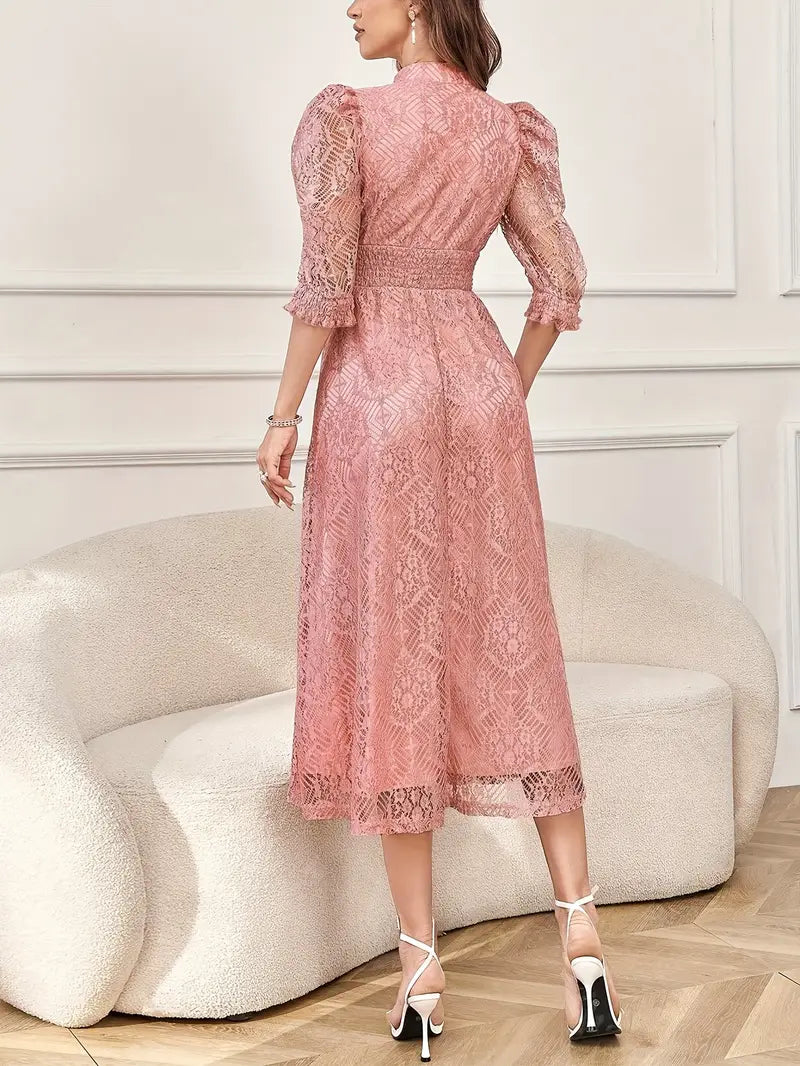 Stand-Collar Bubble-Sleeve Long Dress