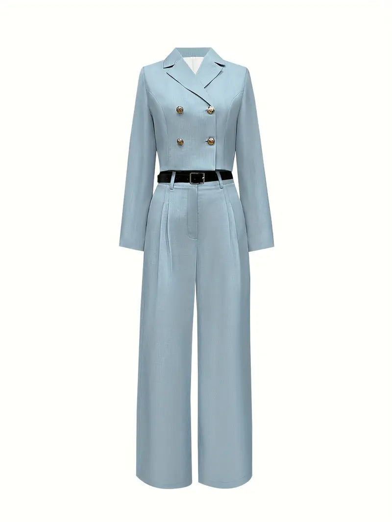Elegant Double-Breasted Two-Piece Suit with Wide-Leg High-Waist Pants & Accessory Bag — Refined Power Ensemble for Modern Women