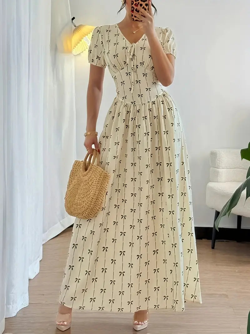 Elegant V-Neck Floral Print Maxi Dress with Tie-Back Detail