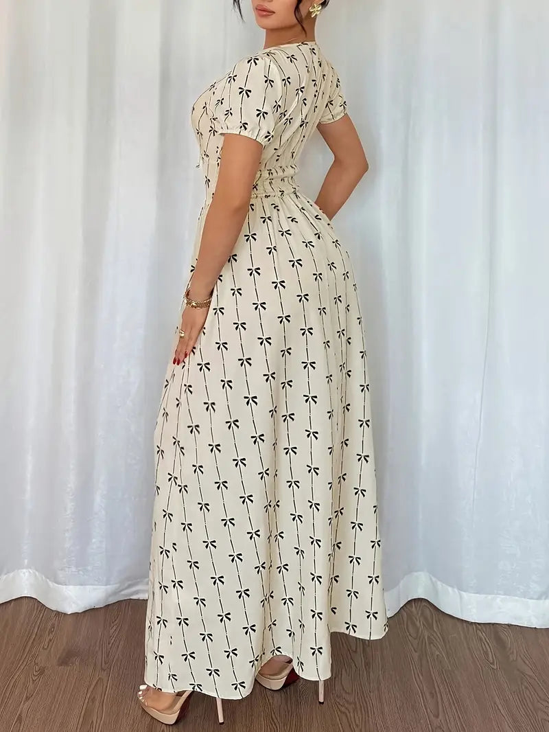 Elegant V-Neck Floral Print Maxi Dress with Tie-Back Detail