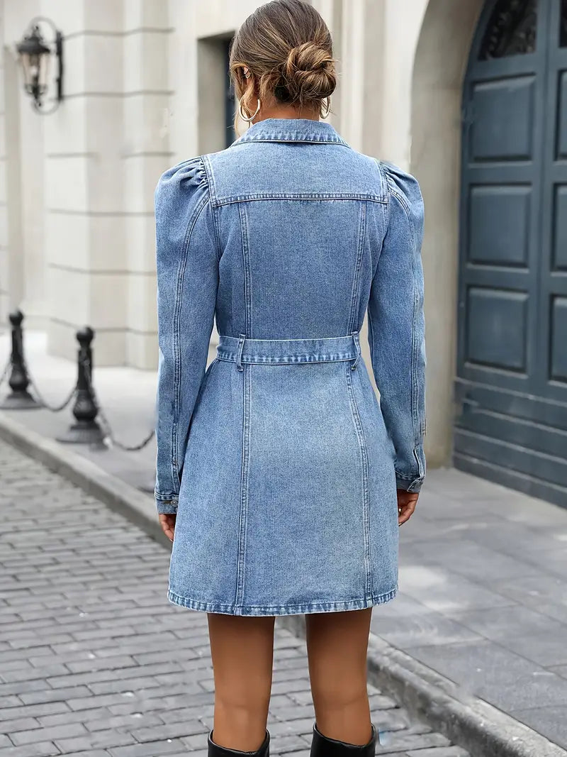 Light-Blue Distressed Denim Jumper Dress with Puffed Sleeves & Belted Waist – Chic Everyday & Semi-Formal Style