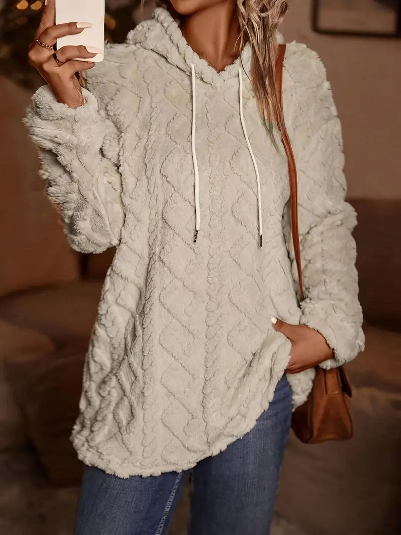 Elegant Ribbed-Cuff Hooded Pullover — Soft Polyester-Spandex Blend Hoodie for Fall & Winter