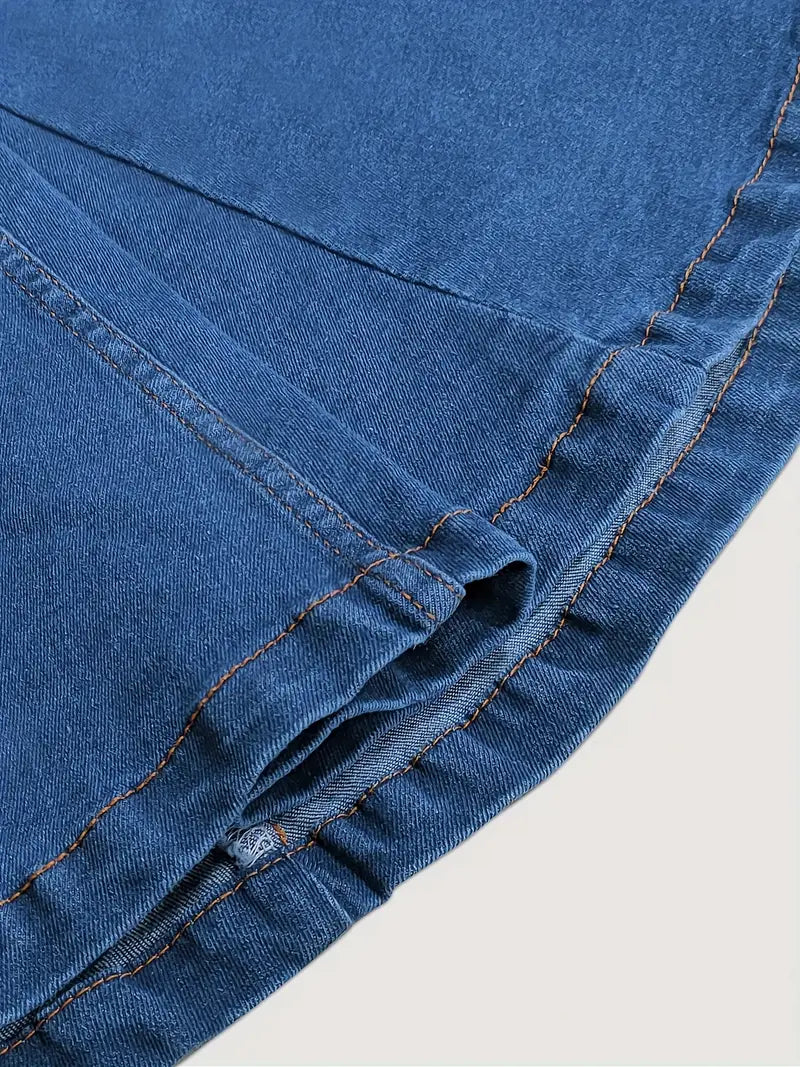 High-Stretch Denim-Look Button-Front Midi Dress – Elegant, Versatile & Non-See-Through