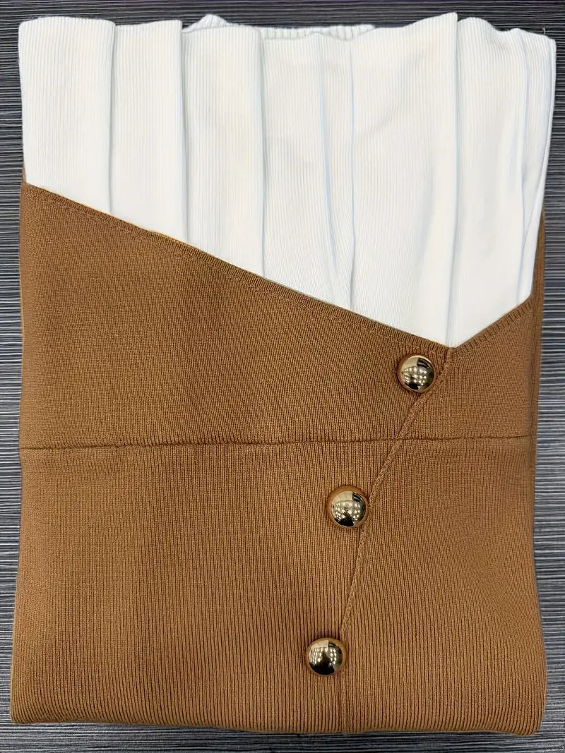 Women’s Elegant Beige Sweater – Soft Round Neck Pullover with Button Detailing