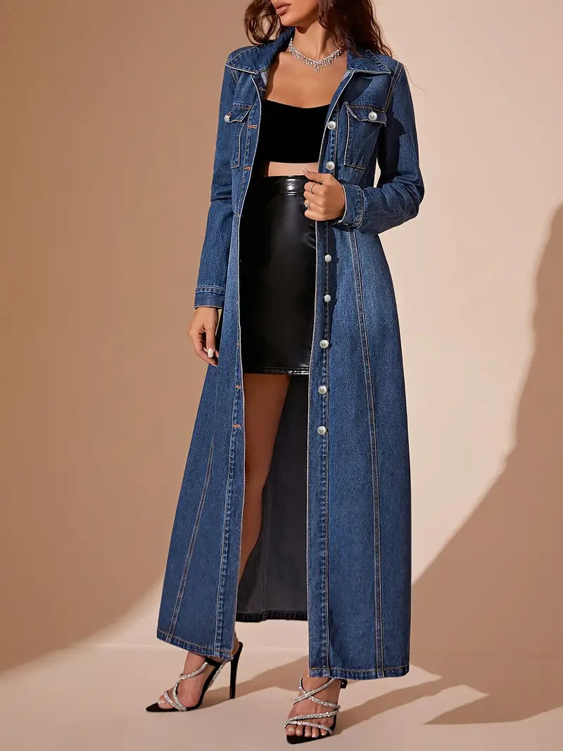 Classic Long Denim Coat – Elegant Button-Front Longline Jacket for Effortless Layering