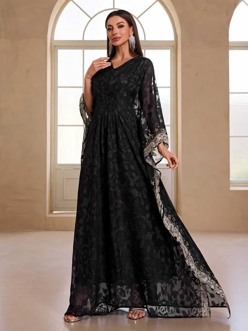 Elegant Cloud-Print Chiffon Two-Piece Party Set – Flowing V-Neck Top & Coordinated Skirt for Special Occasions