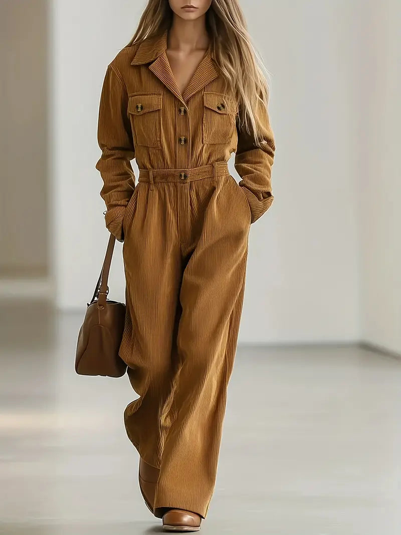 Solid-Color Button-Front Long-Sleeve Workwear Jumpsuit – Sleek All-in-One for Casual & Office Style
