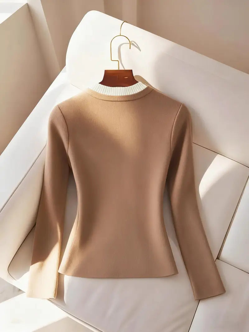 Women’s Elegant Beige Sweater – Soft Round Neck Pullover with Button Detailing
