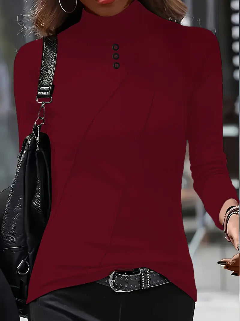 Elegant Long-Sleeve High-Neck Top with Decorative Buttons