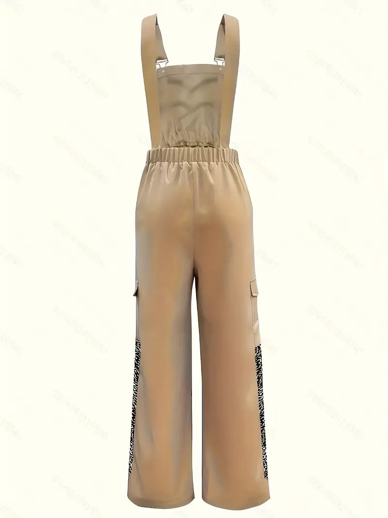Beige Wide-Leg Harem Pants with Adjustable Straps and Pockets