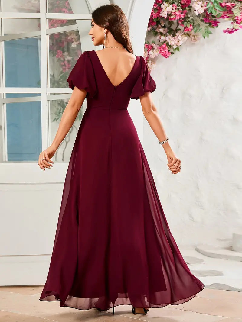 Elegant V-Neck Mermaid Trumpet Evening Gown with Short Sleeves, Chest Padding & Floor-Length Train – Perfect for Weddings, Proms & Special Occasions