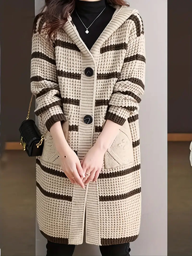 Chunky-Knit Striped Hooded Cardigan Pullover — Long Sleeve with Pockets, Cozy Fall/Winter Outerwear