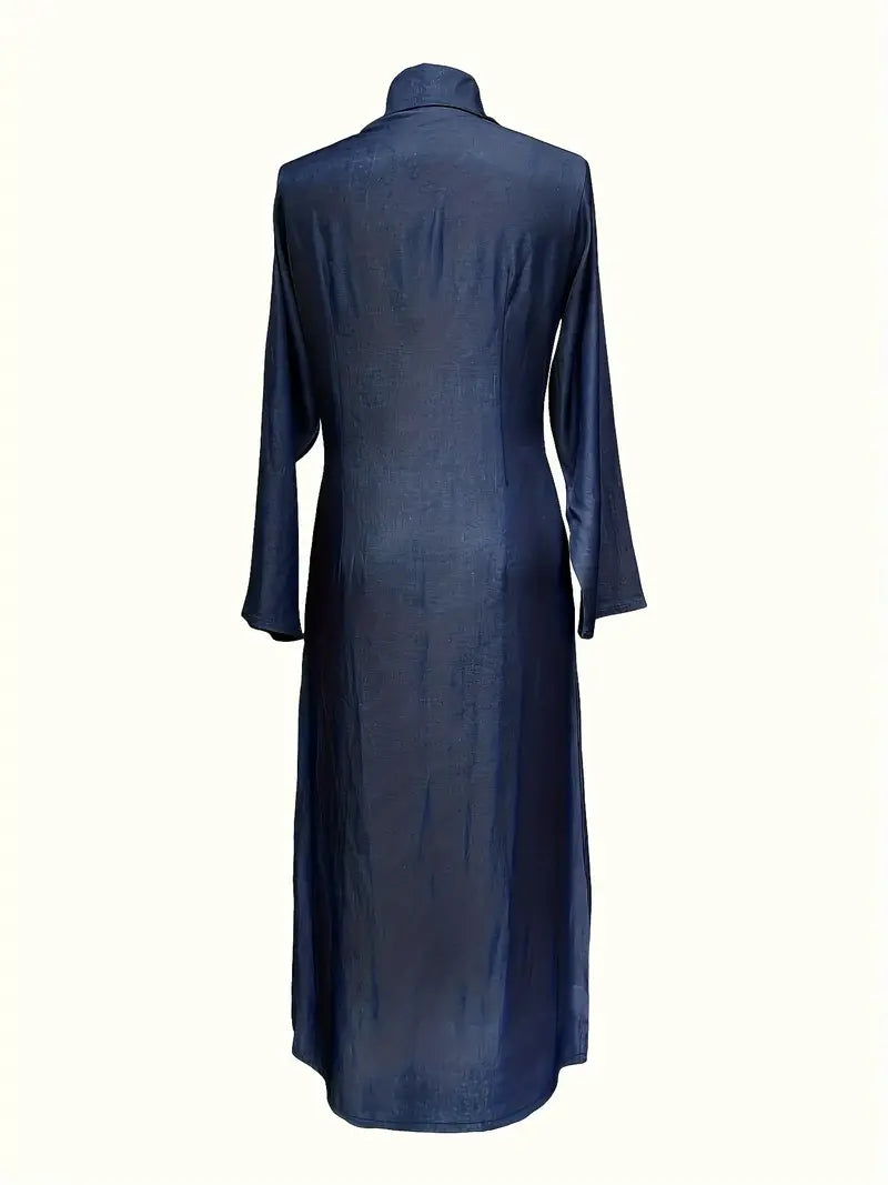 Button-Front Long-Sleeve Collared Maxi Dress — Solid Color, Casual & Versatile