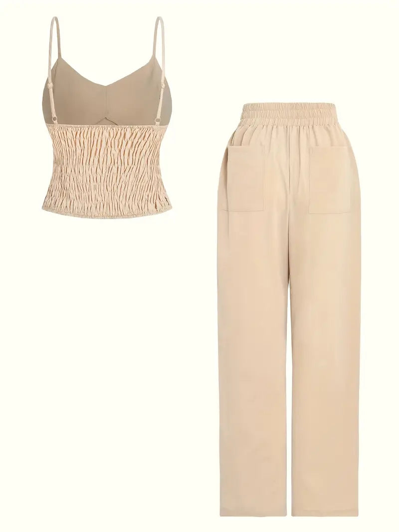 Elegant Off-Shoulder V-Neck Belted Suit Set for Women — 3/4 Sleeve Solid Color Ensemble in Lightweight Fabric