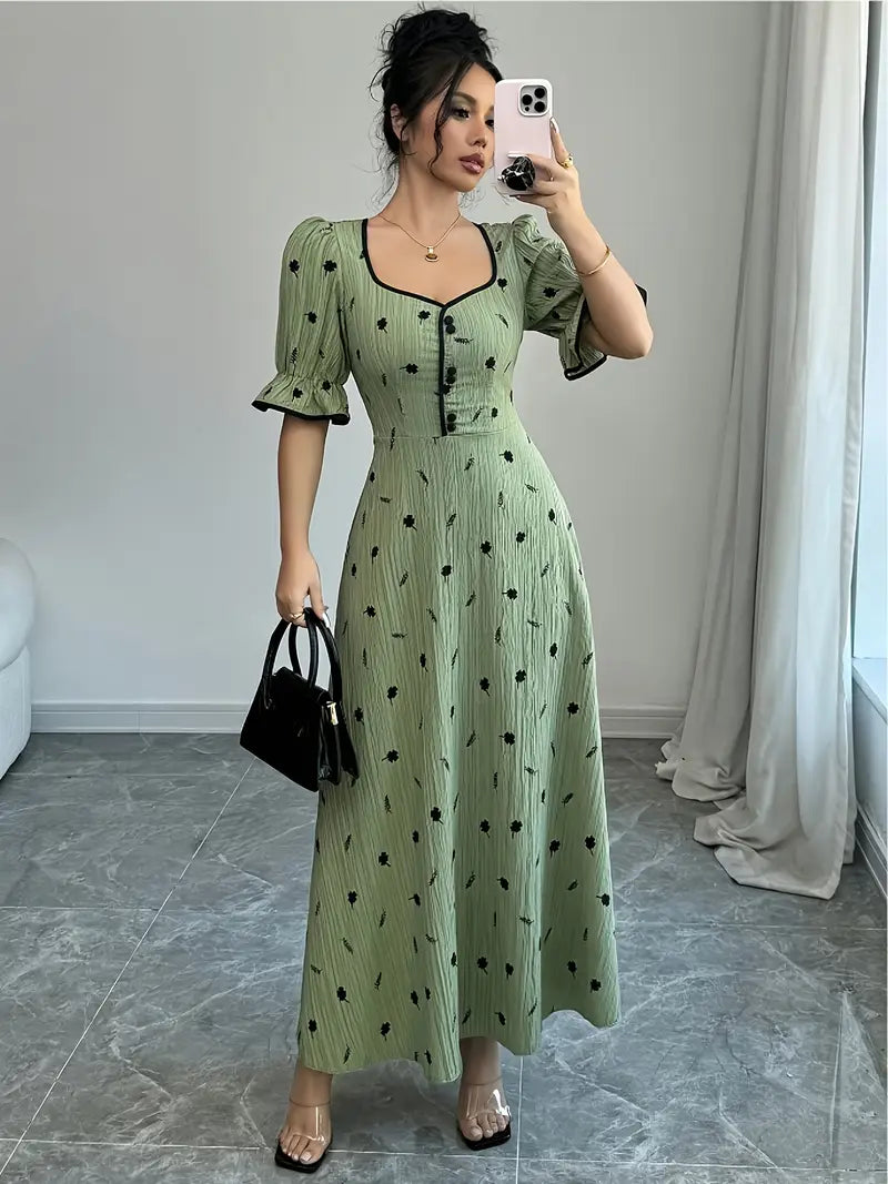 Elegant Floral Print Maxi Dress — Square Neck, Button Details & A-Line Silhouette