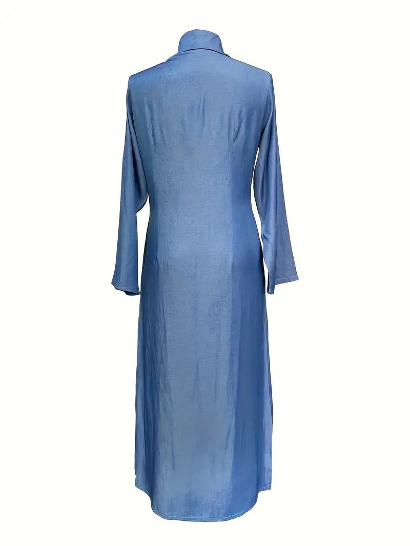 Button-Front Long-Sleeve Collared Maxi Dress — Solid Color, Casual & Versatile