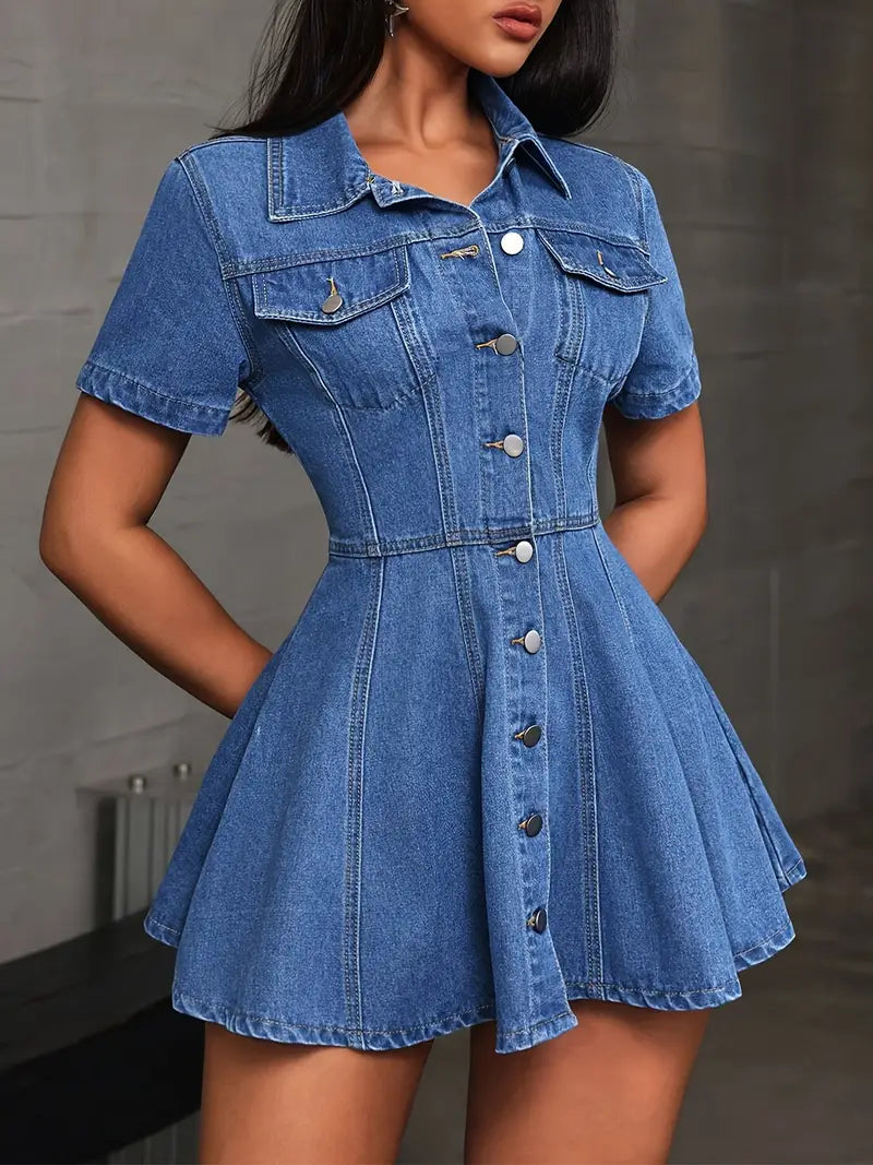Classic Short-Sleeve Denim-Style Button-Front Dress with Pockets – Effortless Everyday Elegance