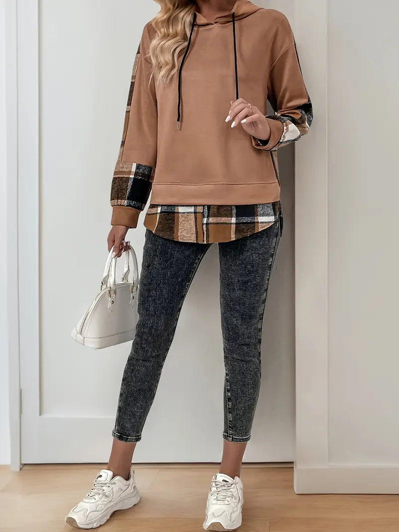 Retro Plaid Drawstring Hoodie – Cozy Checkered Casual Pullover for Women
