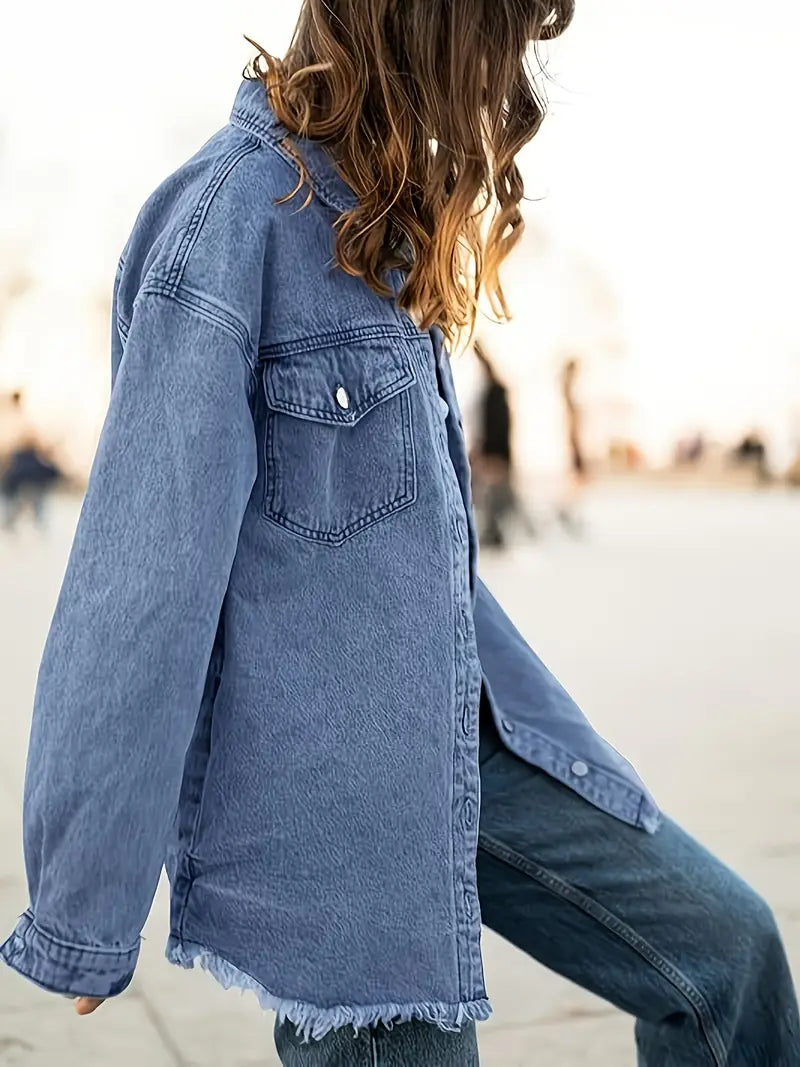 Oversized Fringe-Hem Denim Jacket – Western-Inspired Casual Outerwear for Women