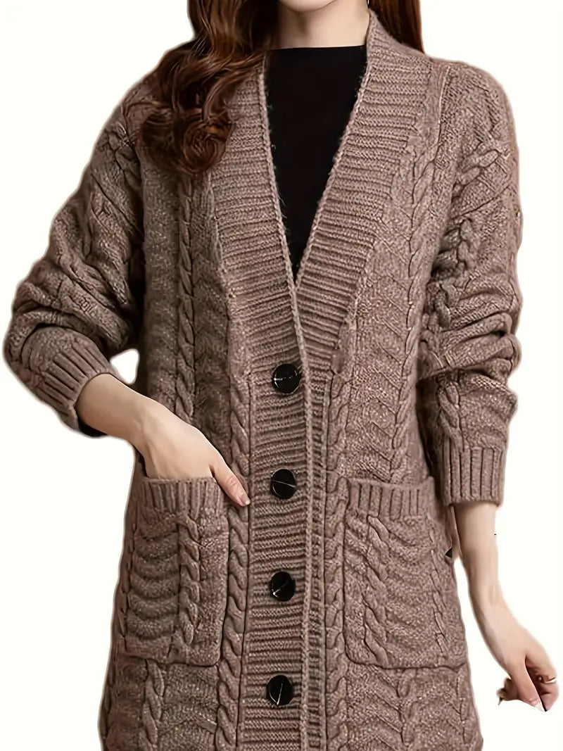 Loose-Fit Acrylic Knit Cardigan Coat — V-Neck, Long Sleeves, Patch Pockets, No Belt
