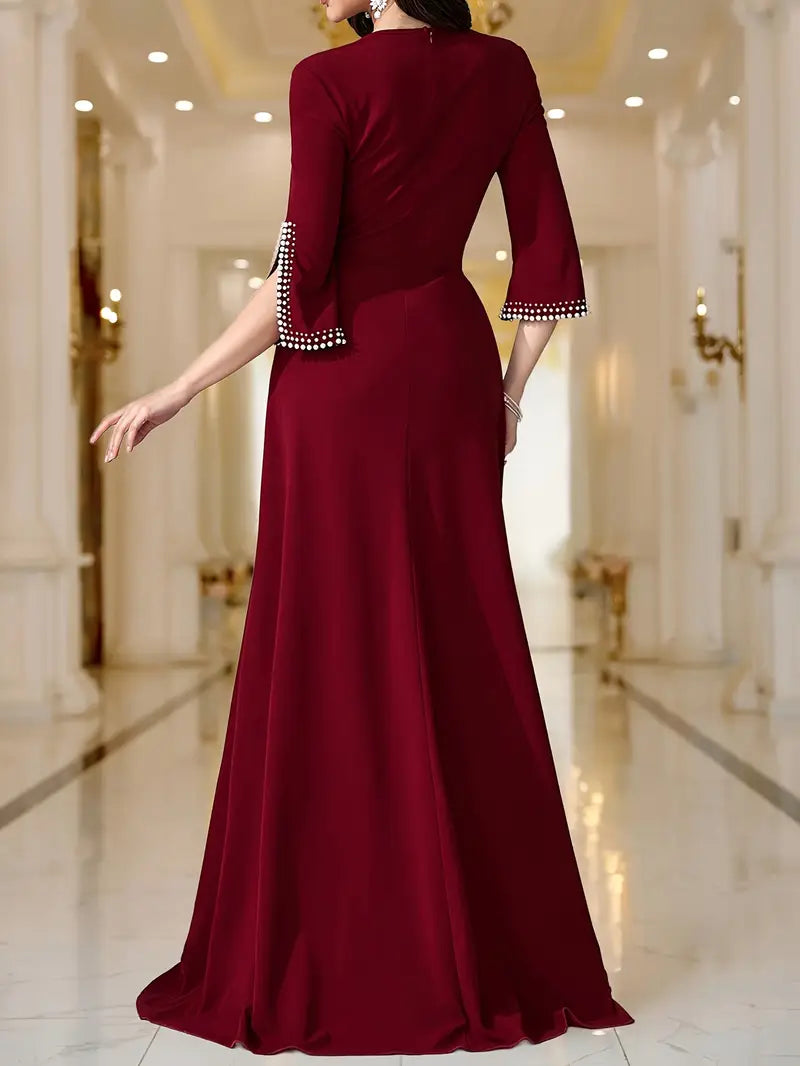 Maroon Long-Sleeve Pearl-Belted Midi Dress with Square Neck & Flowing A-Line Silhouette
