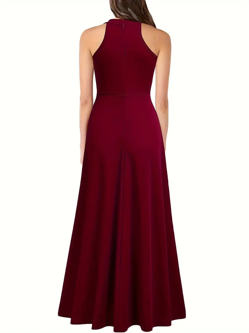 High-Waist Sleeveless Maxi Dress with Side Split – Elegant Crew Neck Formal & Party Wear