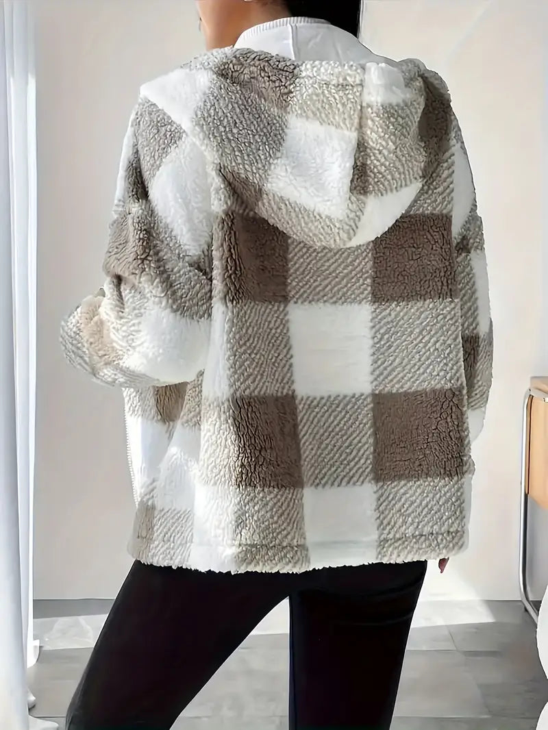 Elegant Checkered Plush Winter Coat — Beige & Brown Textured Outerwear for Fall and Winter