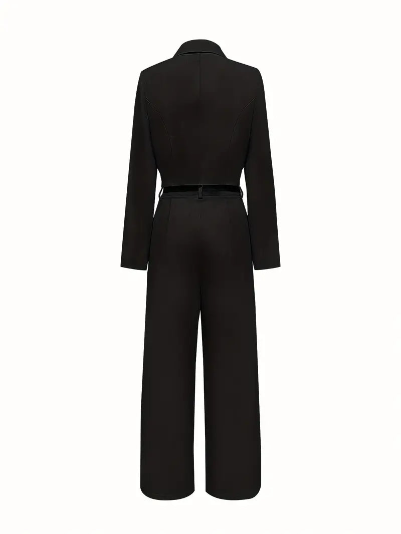 Elegant Double-Breasted Two-Piece Suit with Wide-Leg High-Waist Pants & Accessory Bag — Refined Power Ensemble for Modern Women