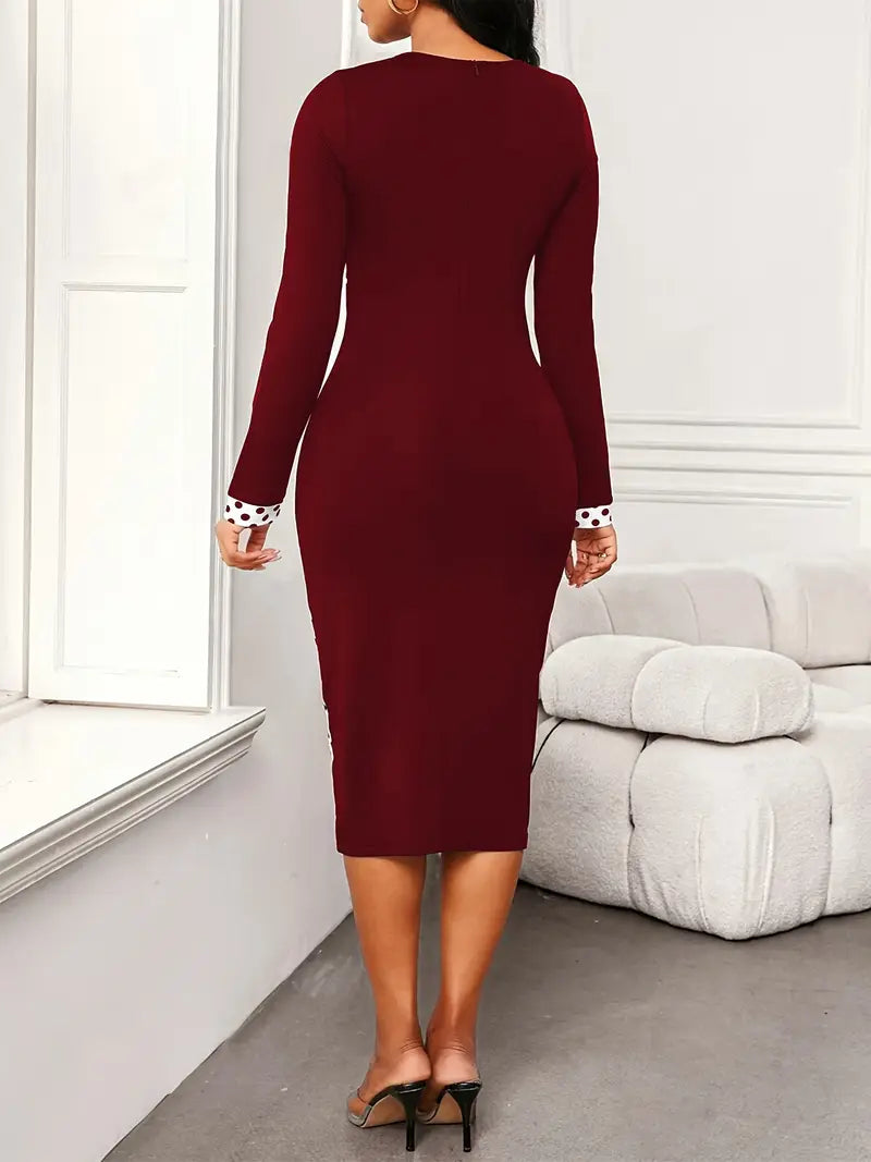 Elegant Polka Dot Bodycon Midi Dress with Button Detailing – Long Sleeve Knit Dress for Effortless Sophistication