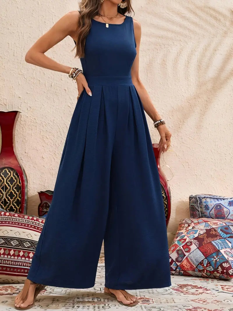 Navy Blue Sleeveless Pleated Wide-Leg Jumpsuit with Adjustable Straps