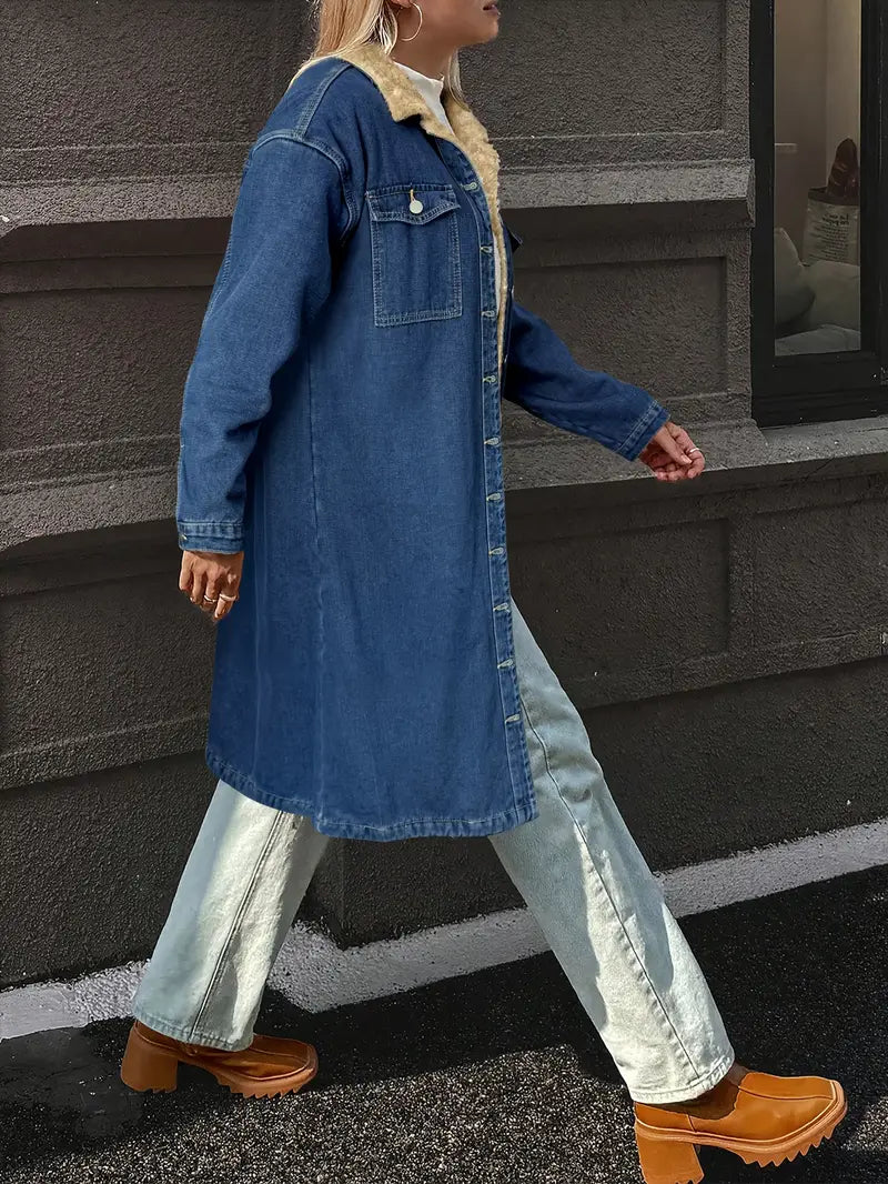 Cozy Lined Denim Jacket – Warm Stand Collar Outerwear for Autumn & Winter
