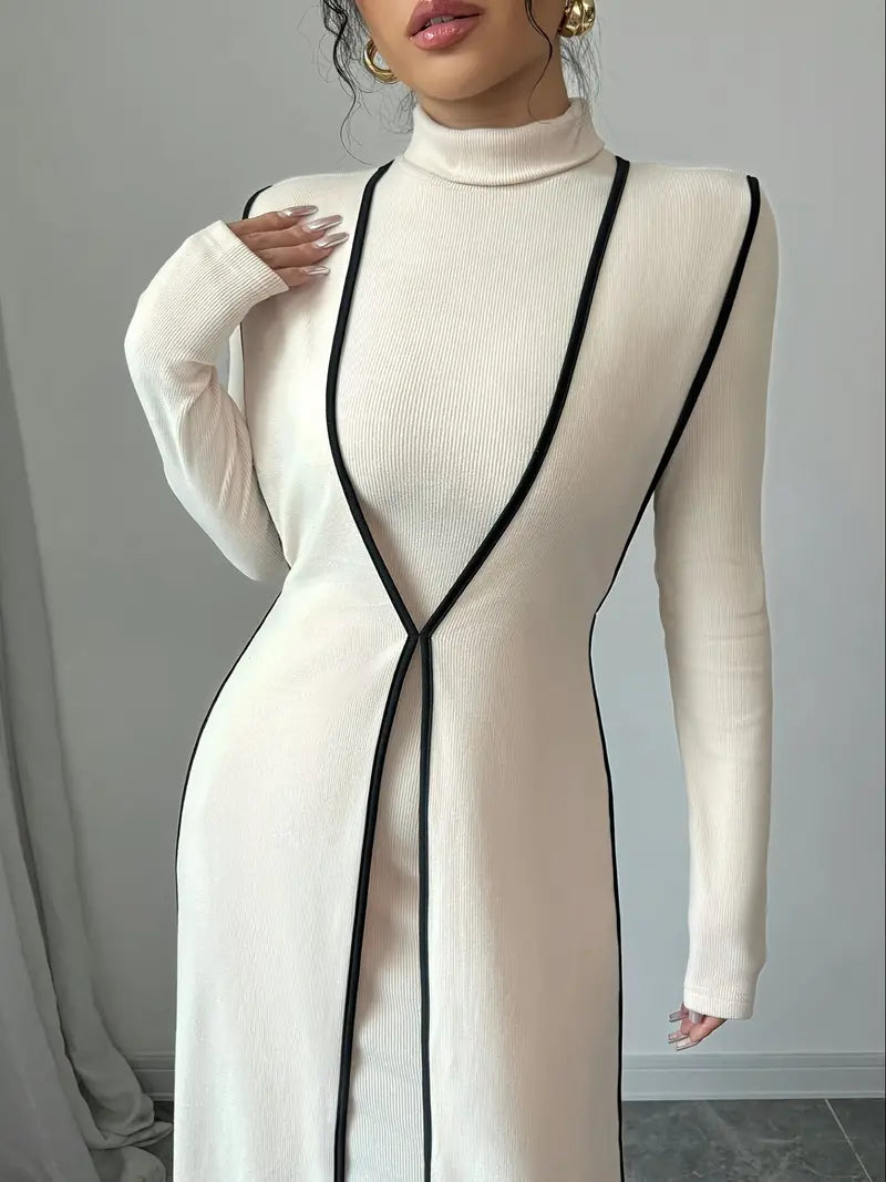 Color-Block Ribbed Turtleneck Dress Set (2-Piece) — Elegant Rib Knit Midi Dress & Matching Overlay for Chic Layered Style