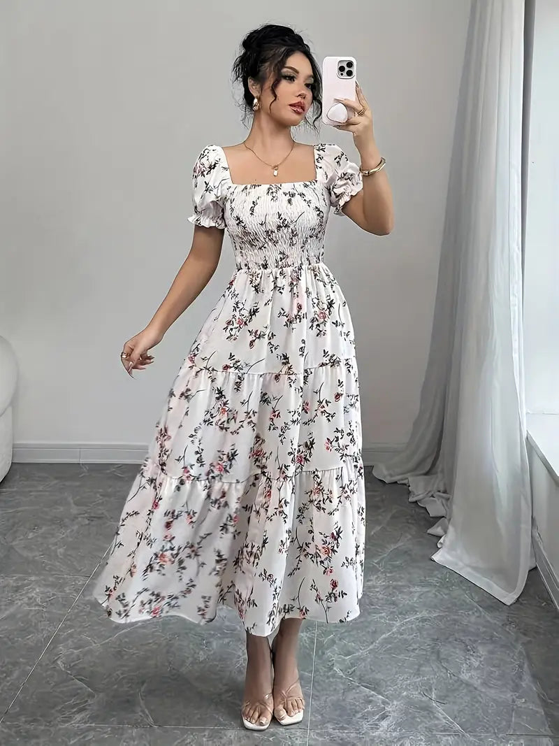 Elegant Floral Maxi Dress — Square Neck, Puff Sleeves & Flared Hem