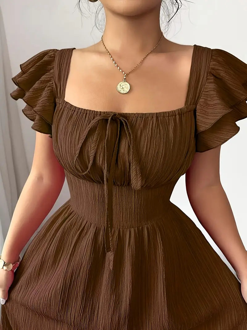 Pleated Square-Neck Dress with Bow-Front & Cinched Waist