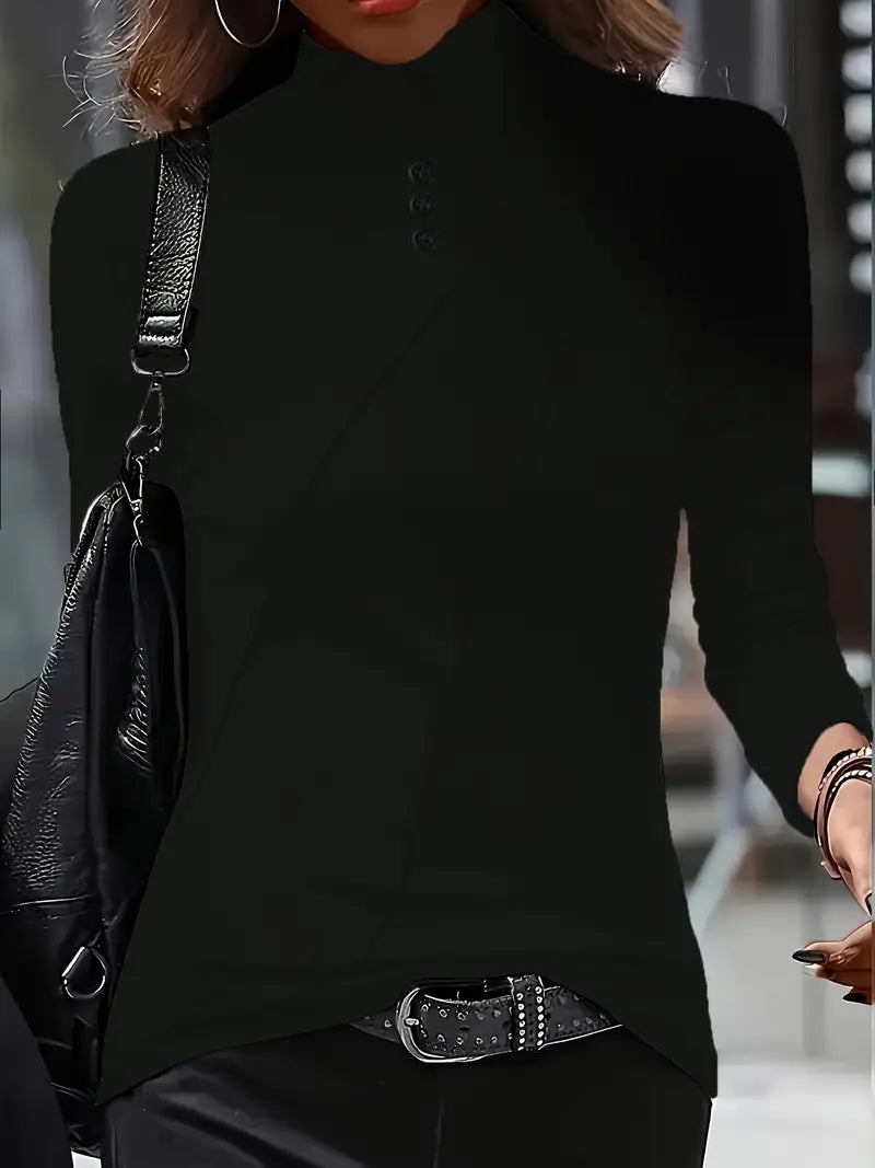 Elegant Long-Sleeve High-Neck Top with Decorative Buttons
