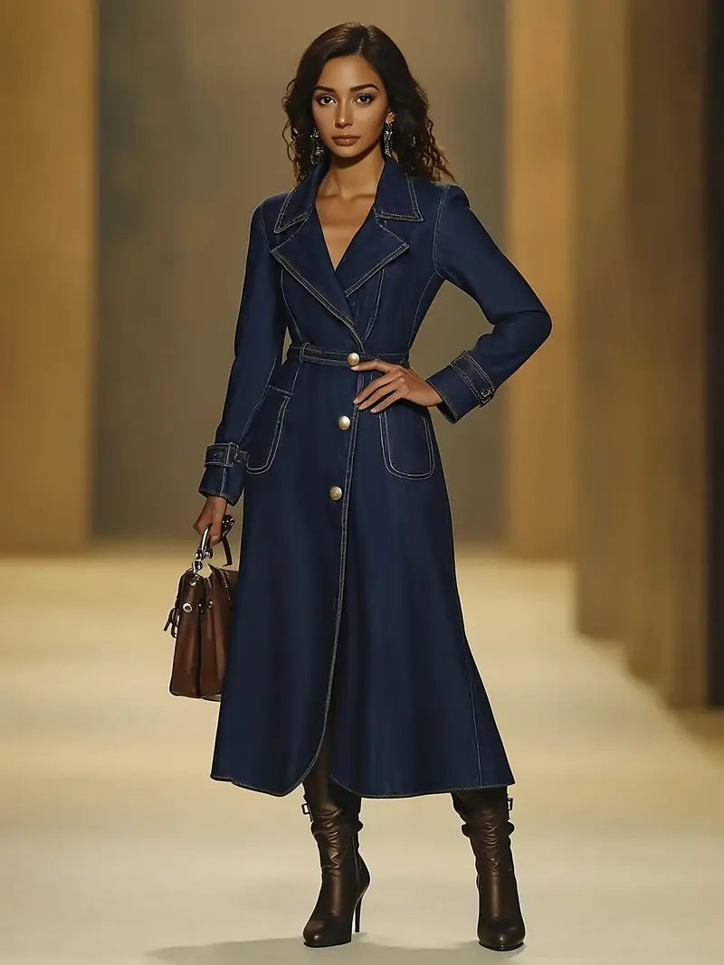 Elegant Navy Blue Oversized Long Coat with Belt and Button Detailing – Timeless Outerwear for Casual & Formal Occasions