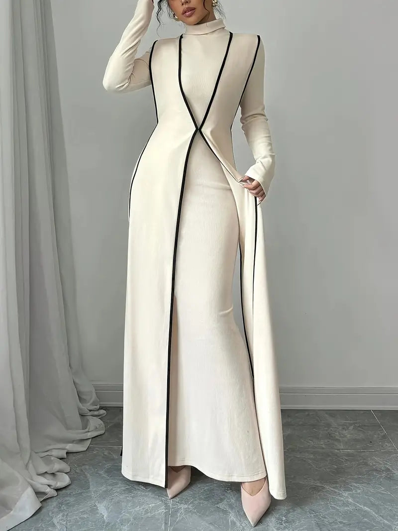 Color-Block Ribbed Turtleneck Dress Set (2-Piece) — Elegant Rib Knit Midi Dress & Matching Overlay for Chic Layered Style