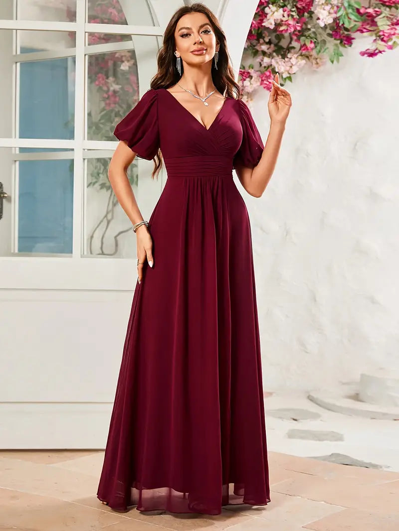Elegant V-Neck Mermaid Trumpet Evening Gown with Short Sleeves, Chest Padding & Floor-Length Train – Perfect for Weddings, Proms & Special Occasions