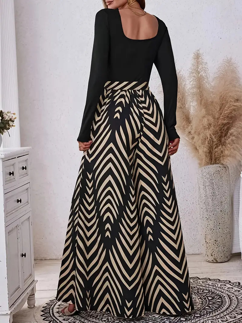 Elegant Black & White Geometric Print Wide-Leg Jumpsuit with Tie-Waist