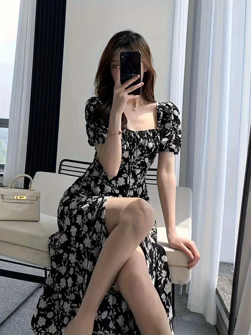 Elegant Floral Square-Neck Midi Dress