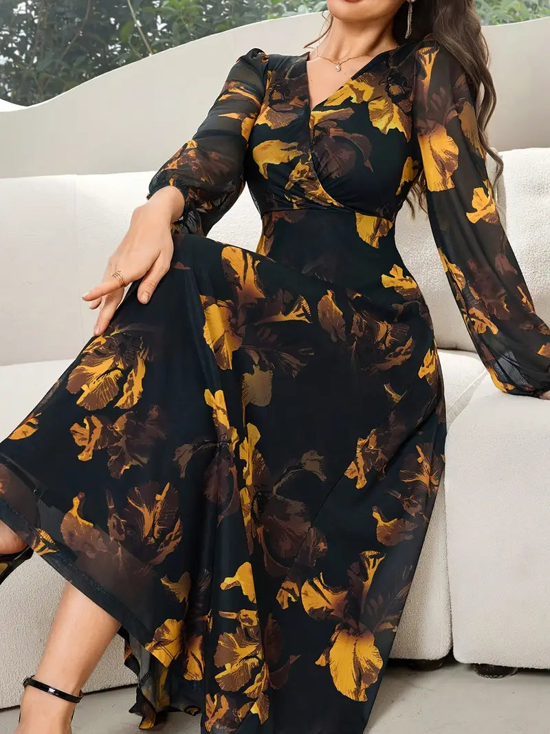 Elegant Black & Gold Floral A-Line Dress – A Timeless Statement Piece