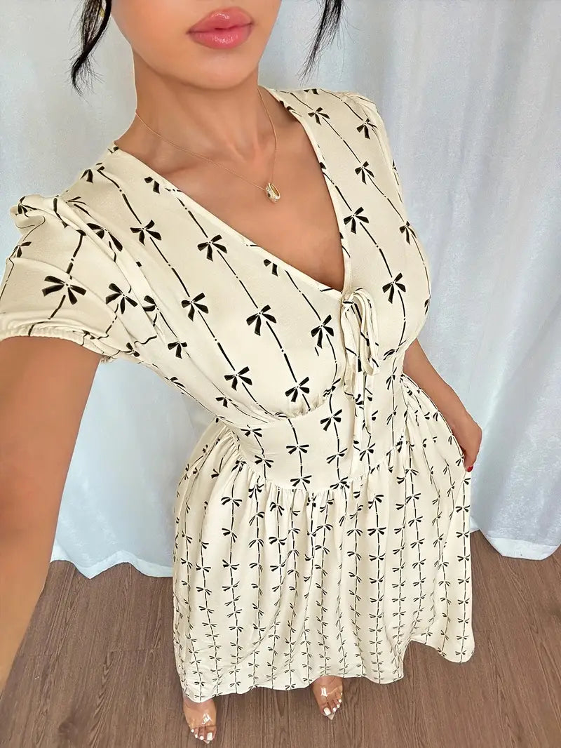 Elegant V-Neck Floral Print Maxi Dress with Tie-Back Detail